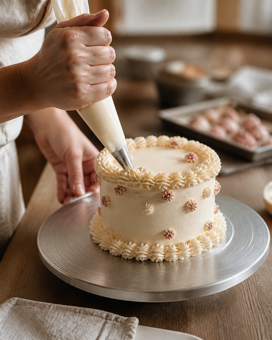 Cake decorating details being carefully finished