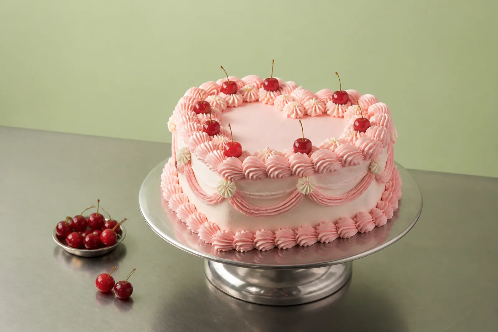 Pink vintage-style celebration cake decorated with cherries